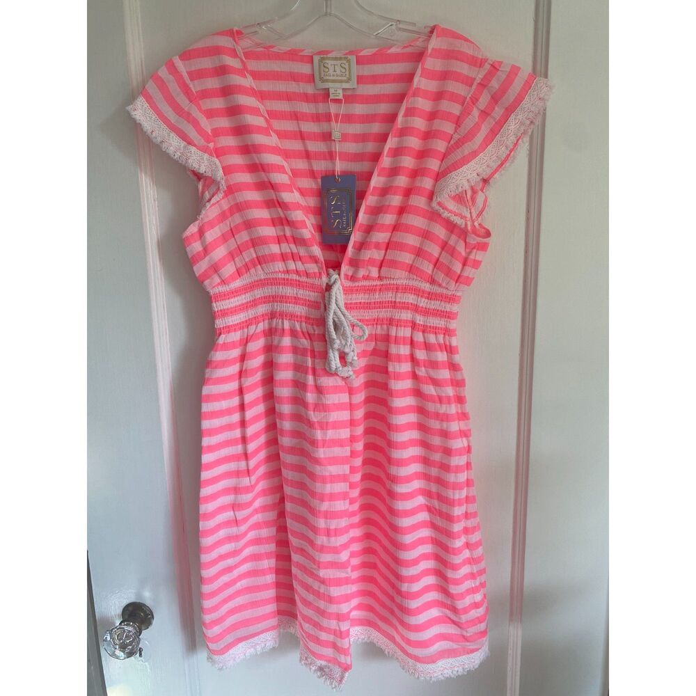 NWT Sail to Sable Pink White Stripe Swim Coverup Dress Crochet Lace Trim Size M